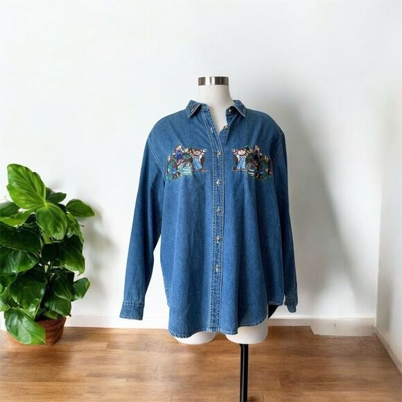Vintage 90s Lauren Brooke Teddy Bear Denim Shirt Button Down Extra Large - Picture 1 of 7